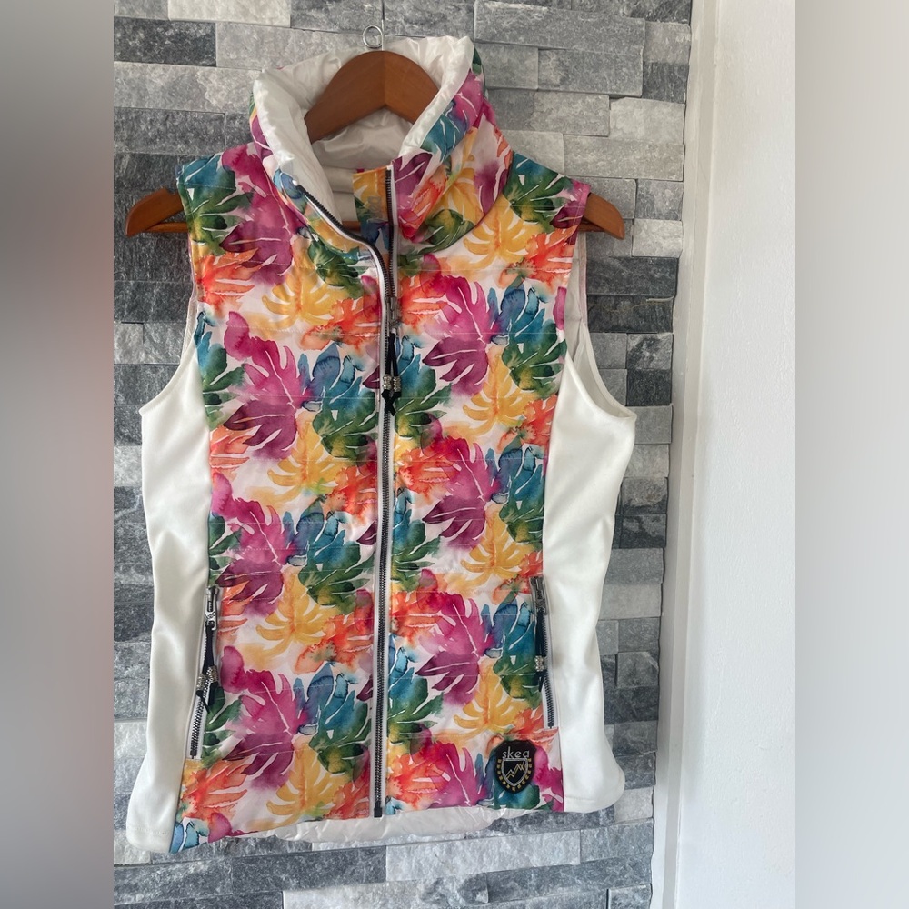 Women's SKEA Full Zip Down Puffer Vest-Leaf Pattern-White Sides-Size 2, XS/S